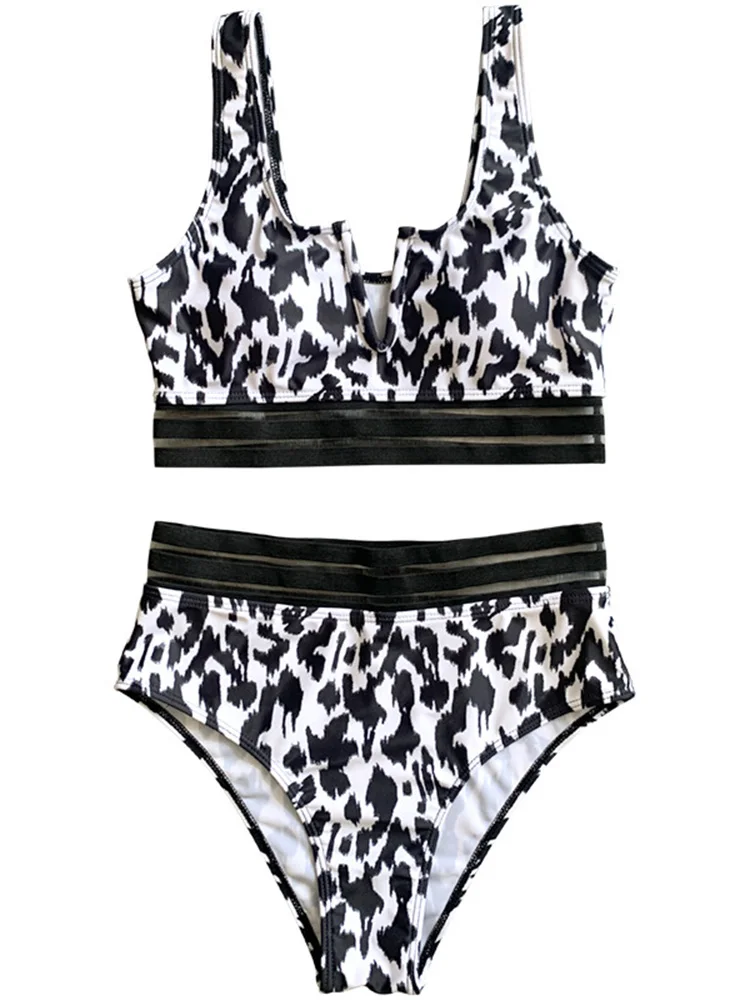 Mesh Tape Bikinis 2024 Women V-neck Swimwear Female Leopard Printed Swimsuit High Waist Beach Wear Bathing Suit Summer