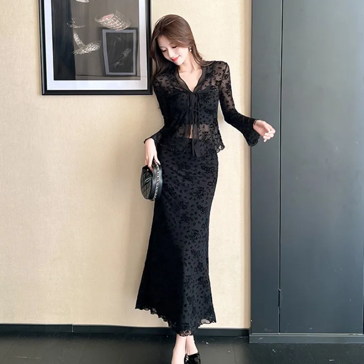 Ele dentelle brûlée fleur haut ensemble femmes printemps été automne nouveau Sle transparent ceinturé Dr beau Ba Faionable...