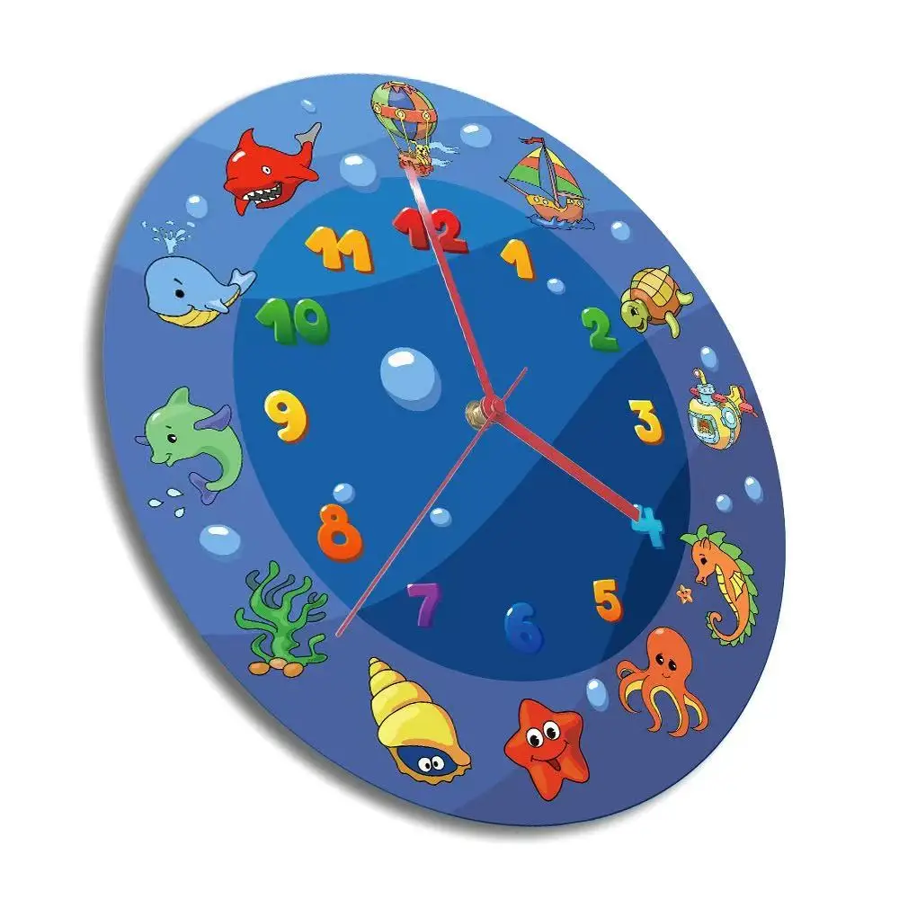 Cute Sea Animal Cartoon Ocean Wall Clock Silent Quartz for Kids Bedroom Nursery Playroom Decor Marine Themed Birthday Gift for B