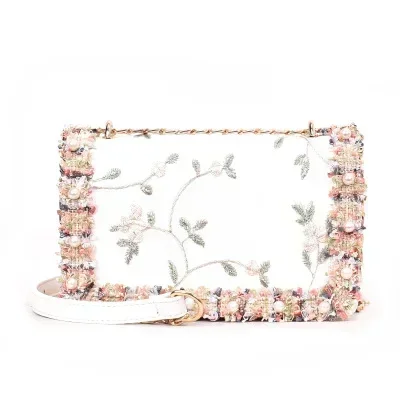 Bolso bandolera con cadena a la moda con perlas para mujer, bolso de flores, bolsos cruzados para mujer y niña, bolso con solapa floral con cuentas, bolso verde para mujer