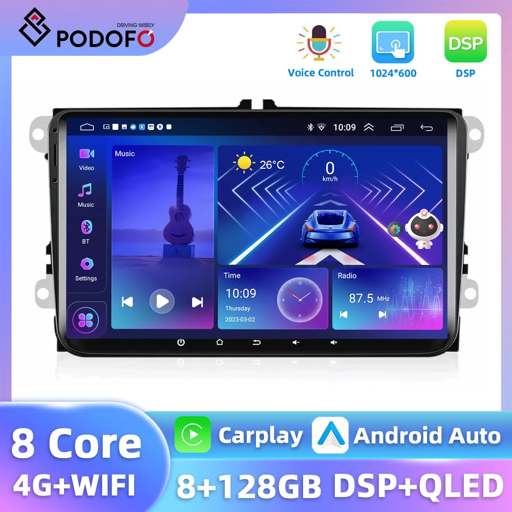 Podofo Android 9'' Car Stereo For VW Seat Skoda PASSAT GOLF BORA Carplay Android Auto AI Voice 8core 8+128G WIFI 4G Car Radio