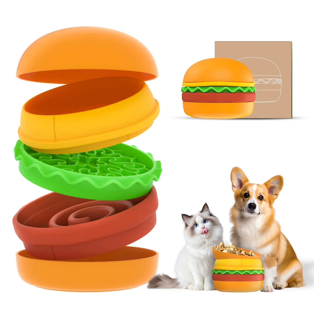 

5-in-1 Burger Pet Bowls Set Tilted Elevated Slow Feeder Lick Mat Non-slip Bowl for Dog Cat Food