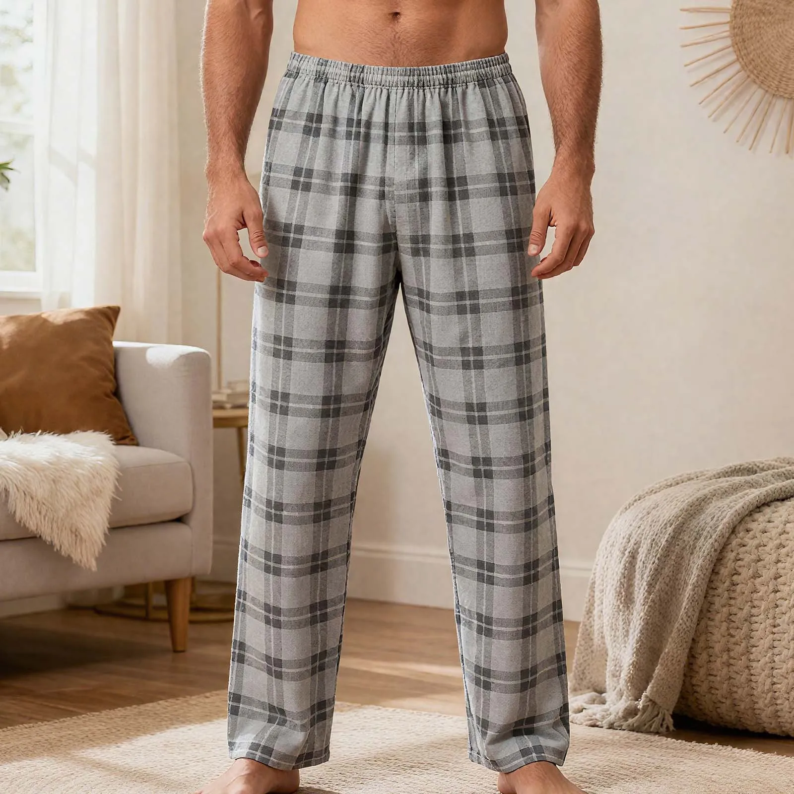 Men's Pajama Pants Autumn New Checked Polyester Thick Soft Comfortable Elastic Waistband with Pockets Home Lounge Pants