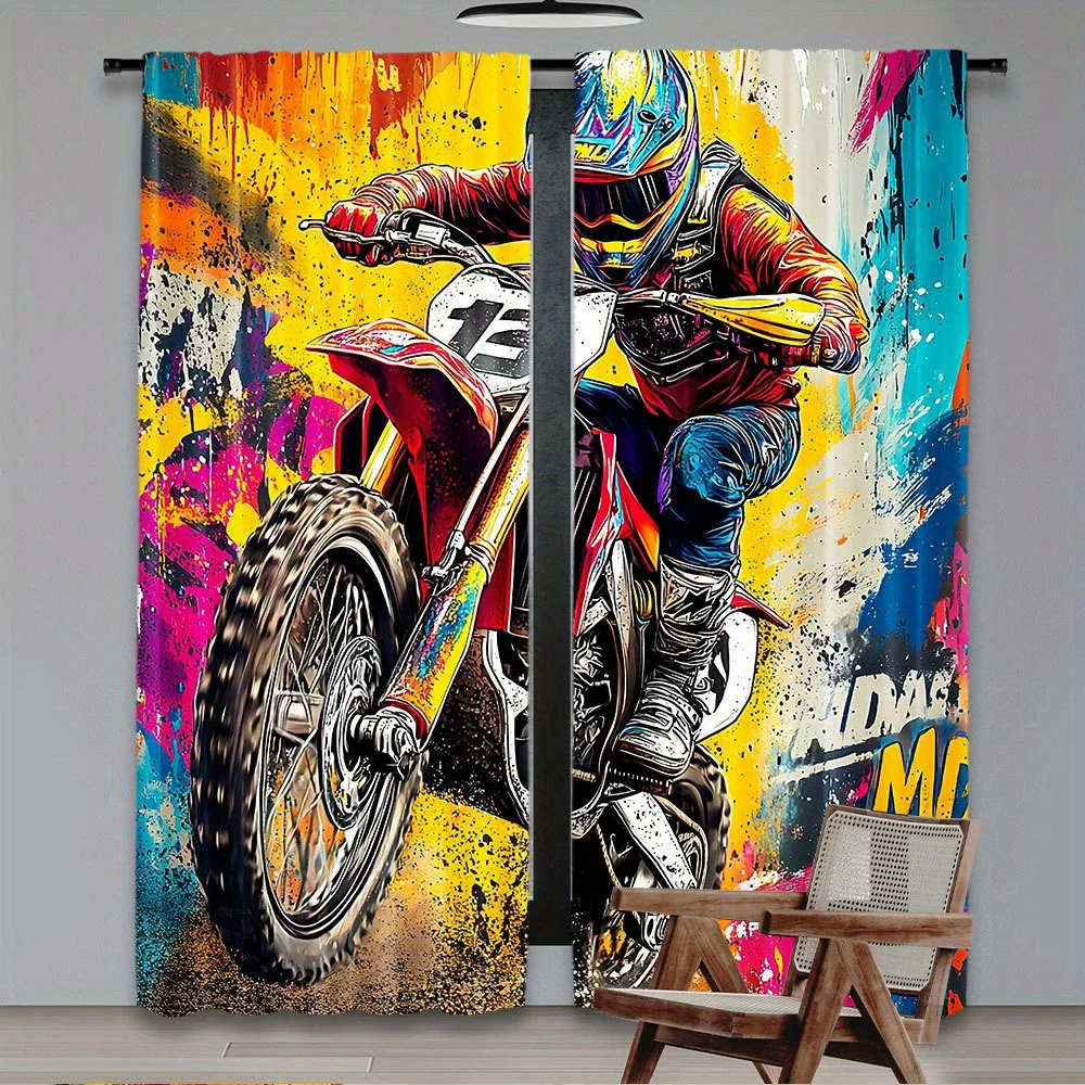 2pcs- Off-road motorcycle modern style color-blocking art printed curtains, pole bag curtains, home decoration, room decoration