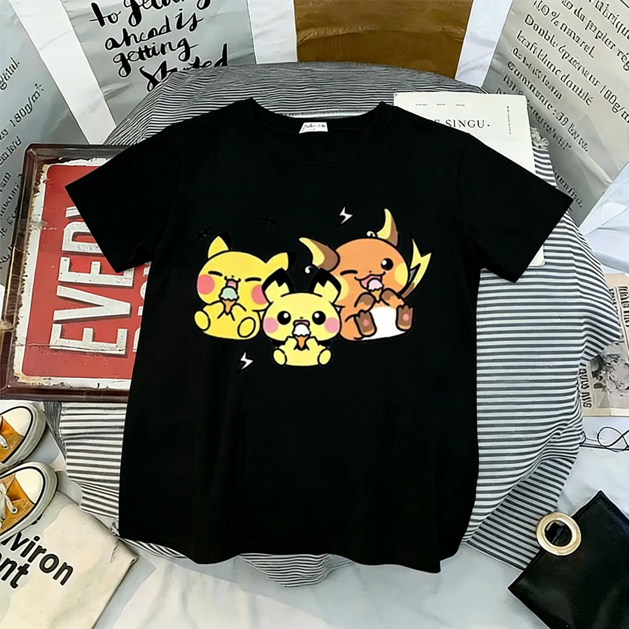Pokemon Pikachu Pichu Raichu Print T-Shirt 100% Cotton Kawaii Vintage Streetwear Oversized Fashion Tops All Match Daily Wear