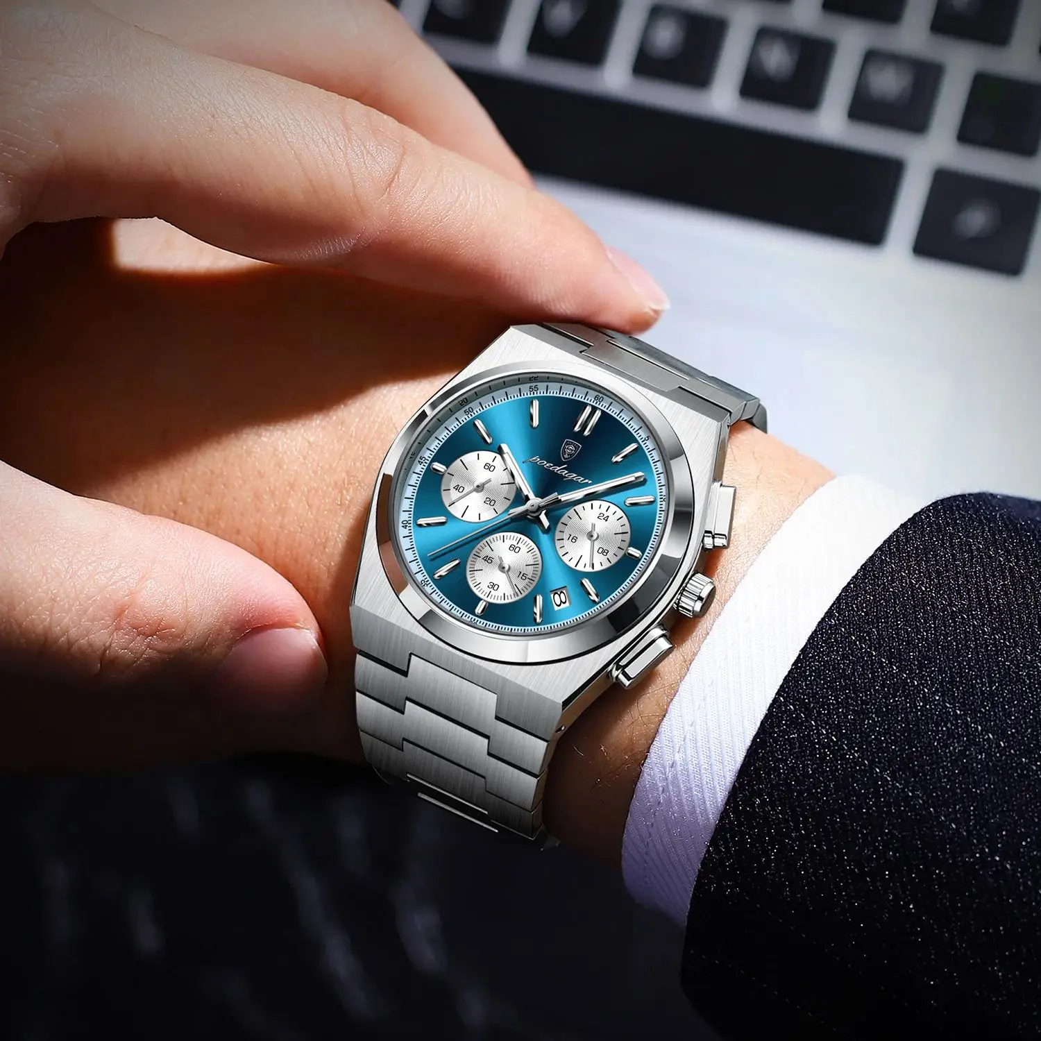 POEDAGAR الفاخرة رجل ساعة كوارتز مقاوم للماء مضيئة تاريخ كرونوغراف ساعات للرجال الفولاذ المقاوم للصدأ موضة ساعة رجالي Reloj