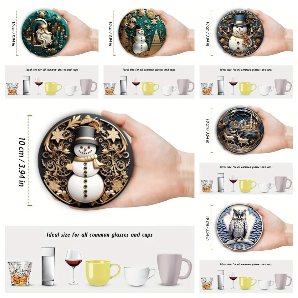 6 Christmas-themed round wooden anti-slip and heat-insulating coasters, office/kitchen/decorative cup holders, New Year gifts