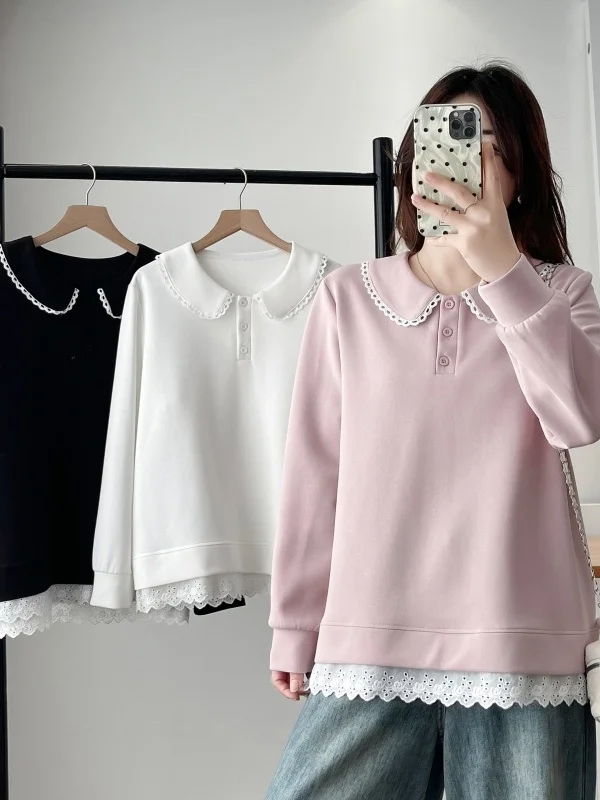 

Spring Fashion Design Lace Splicing Doll Collar Three Button Sweatshirt Women's plus Size Belly Concealing Fake Two-Piece Tre...