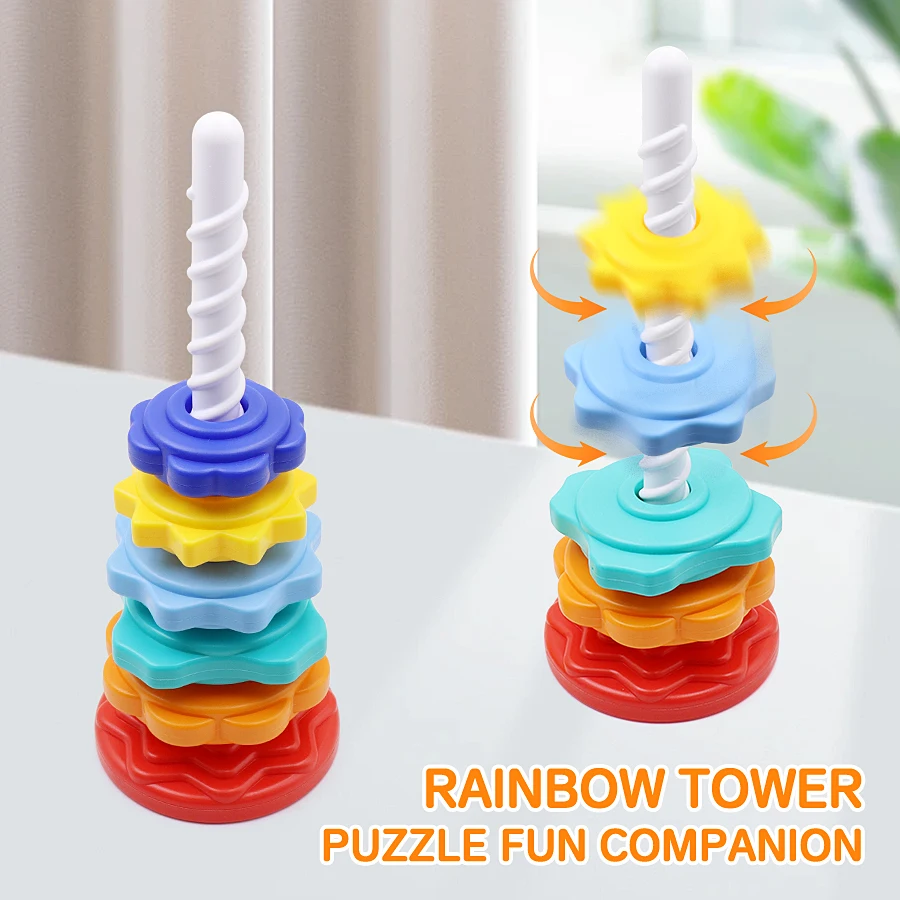 Rainbow colored rotating tower toy - Multi part detachable stacked educational toy - Halloween, early education Christmas gift