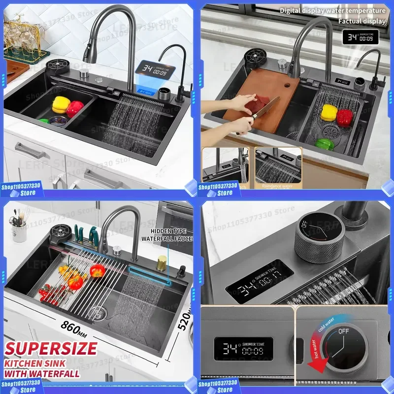 Large Single Bowl Stainless Steel Kitchen Sink Smart Waterfall Faucet Multifunctional Washbasin for Modern Home Utility Room