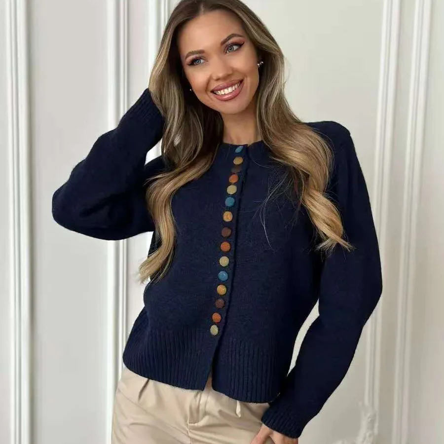 Новый цветной вязаный кардиган на пуговицах, осенне-зимняя одежда 202, женский новый свободный повседневный европейский и американский свитер, женское пальто