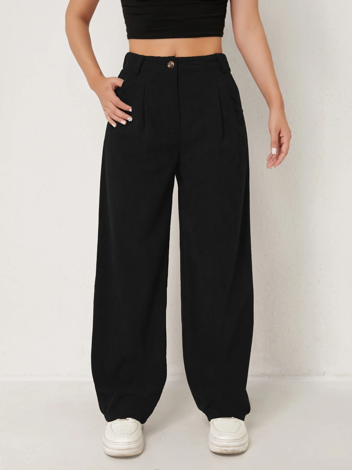 Neue Herbst- und Winter-Freizeitanzüge für Damen in Unifarben aus Cord mit weitem Bein und geraden, samtartigen Hosen, die schlank aussehen – Detail 25