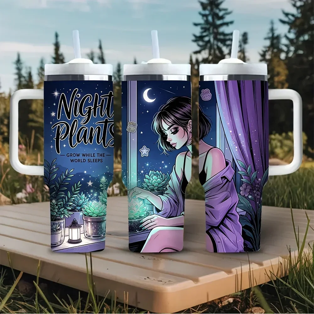 40oz Tumbler with Handle, Night Plants and Elegant Girl Graphic Print, Fits Both Hot and Cold Drinks, Suitable for Women, Perfect for Daily Use in Outdoor and Indoor Scenes