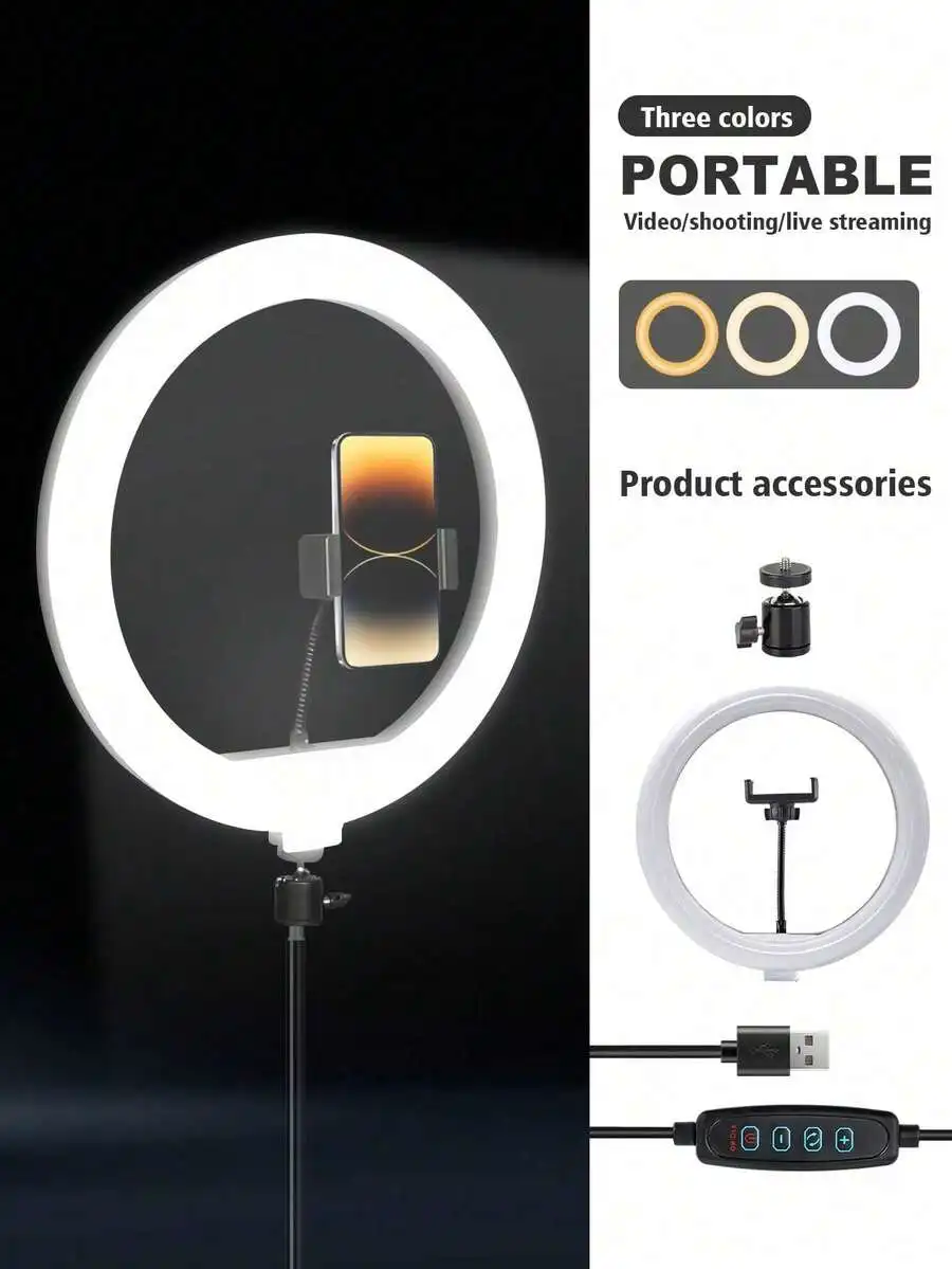 

10 Inch 3-Color LED Ring Light With Tripod USB Power Adjustable Brightness For Live Streaming Makeup Selfies