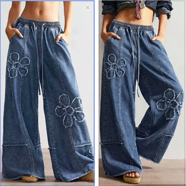 Fashion Wide-Leg Casual Jeans Exquisite Flower-Patterned Embroidery New Launch Foreign Trade Style Women's Comfortable Fit Jeans