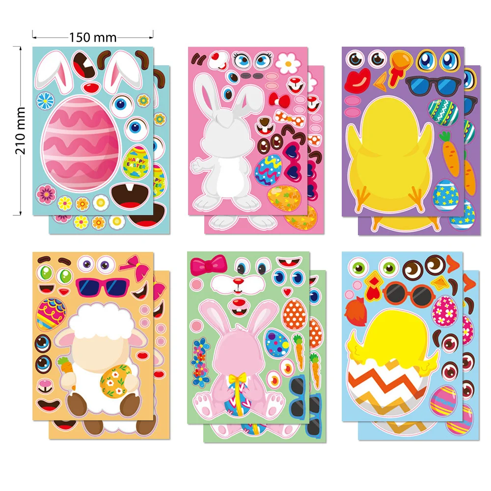 12Pcs Easter Bunny Puzzle Stickers Cartoon Rabbit Chick Egg Make A Face Funny Assemble Diy Stickers Children Easter Party Favors