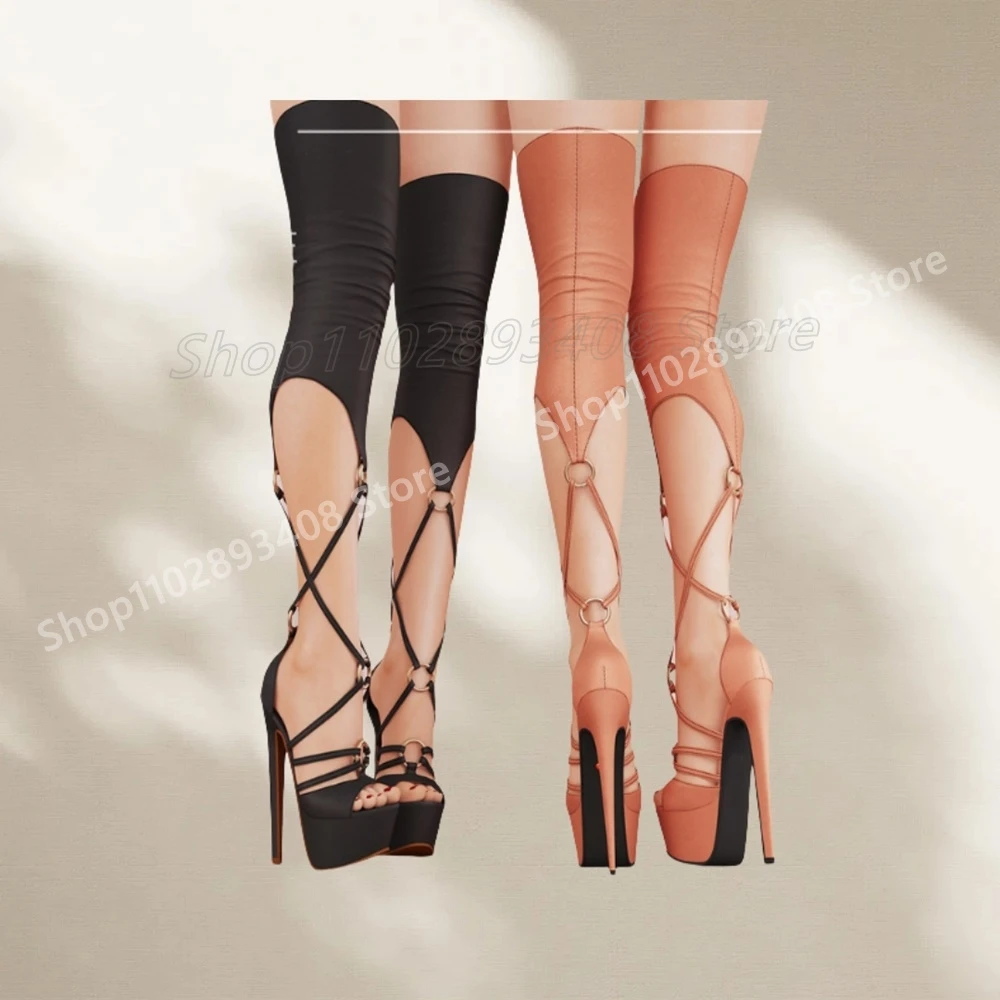 

Sexy Belts Strappy Hollow Over the Knee Boots Metal Round Ring Peep Toe Solid Leather 2025 Summer Women Shoes Summer Para Mujere