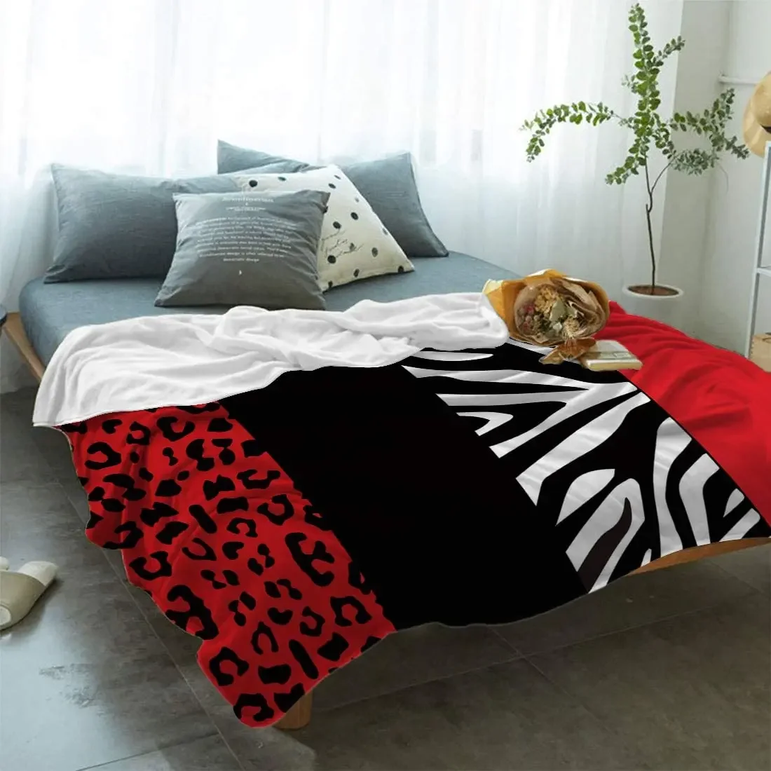 Throw Blanket Fannel Fleece Microfiber Plush Bed Blanket Red Leopard Animal Print Super Soft Machine Washable Keep Warm