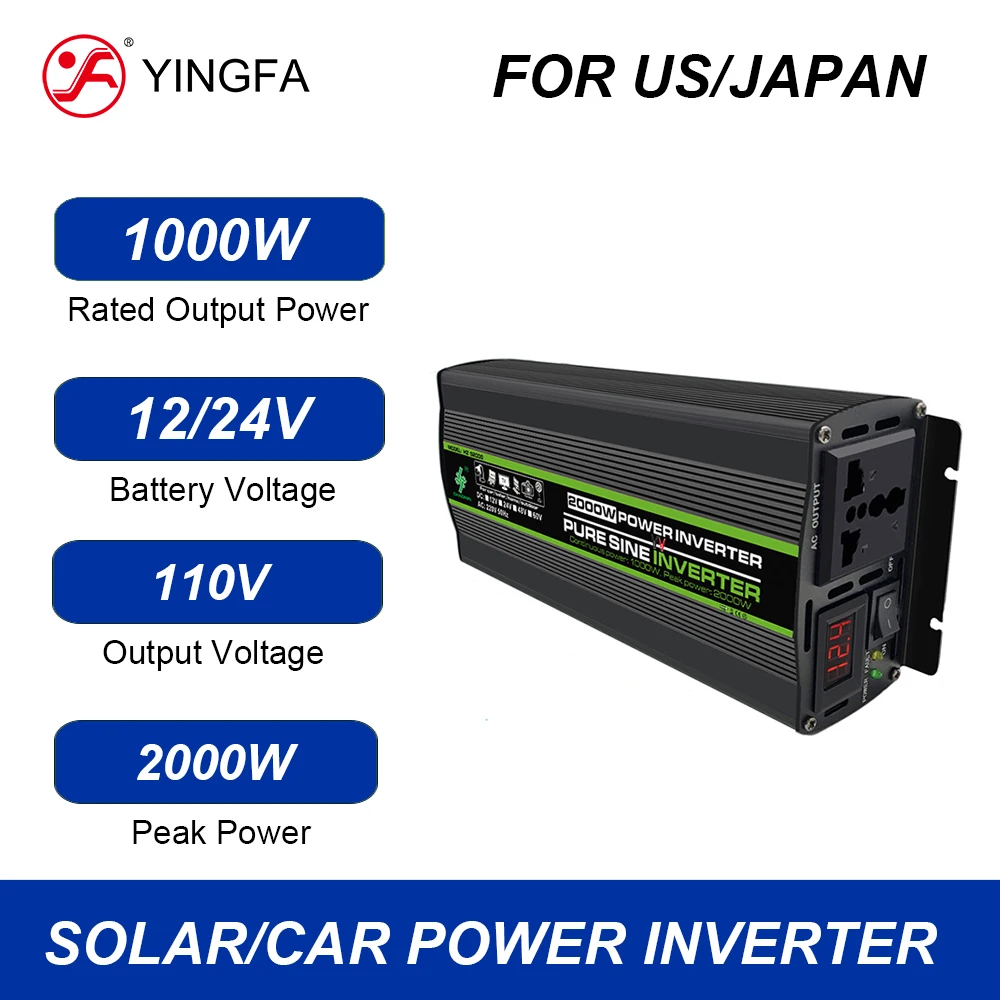 YINGFA For USA Canada Japan Rated Output Power 1000W Peak 2000W DC 12V 24V To AC 110V Pure Sine Wave Power Inverters