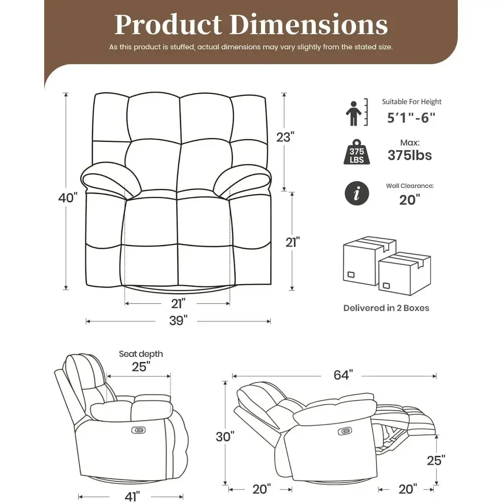Extra Wide Power Recliner with Swivel, Rocker, and USB Ports, Ideal for Living Room or Nursery, Supports Up to 375lbs, Brown