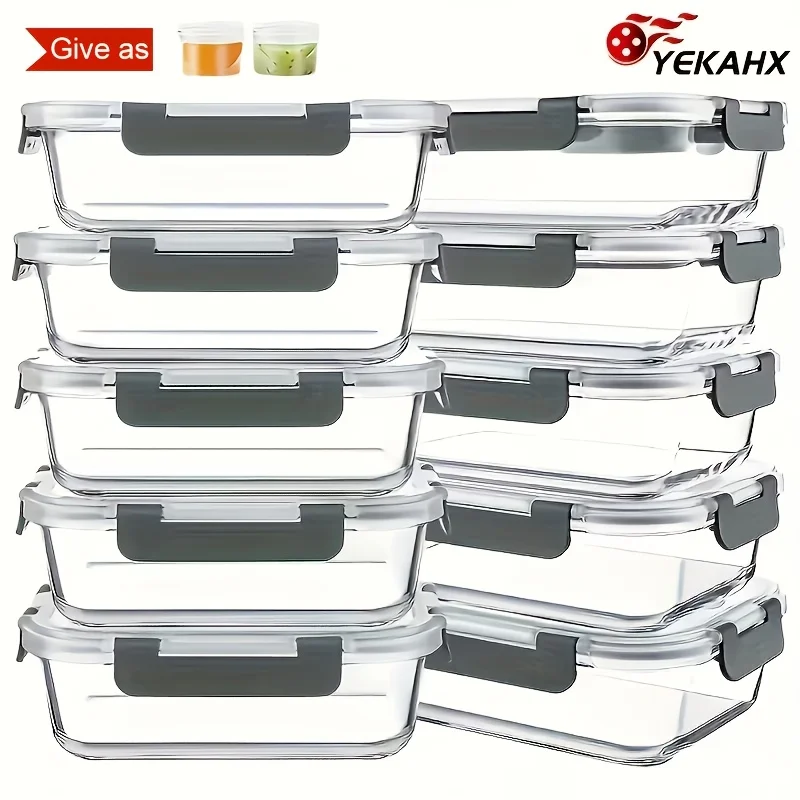 

us10pcs High-End Food Grade High Borosilicate Glass Meal Box Set - Sealed And Leak Proof, Microwave Safe, Dishwasher Compatible, BPA Free, Suitable for Home Kitchens, Offices, Outdoor Dining - Suitable for Controlling Food Portions And Storaged