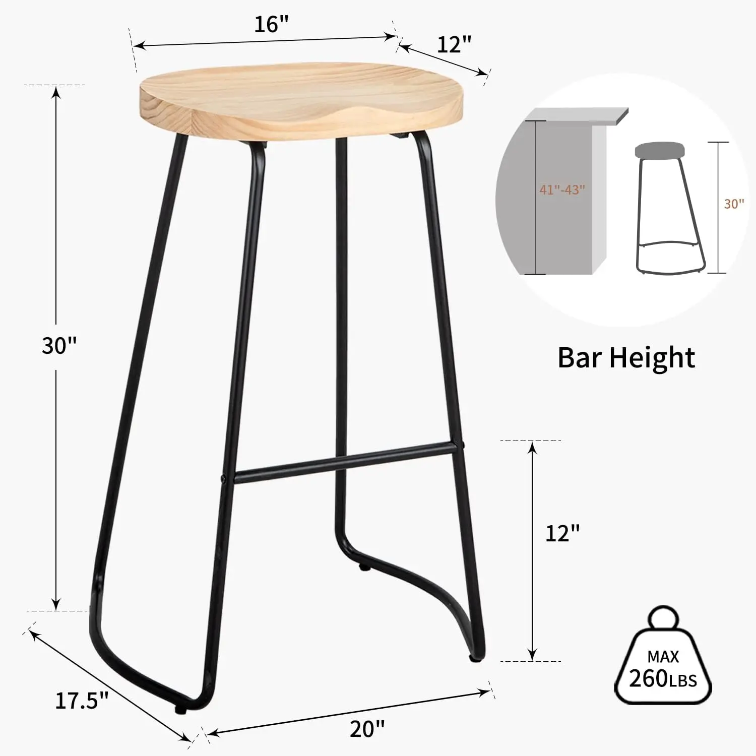 Tabourets de piste de bar en bois massif, tabourets de piste dos nu rustiques pour îlot de cuisine, recommandé avec pied en métal, lot de 2, 30 po