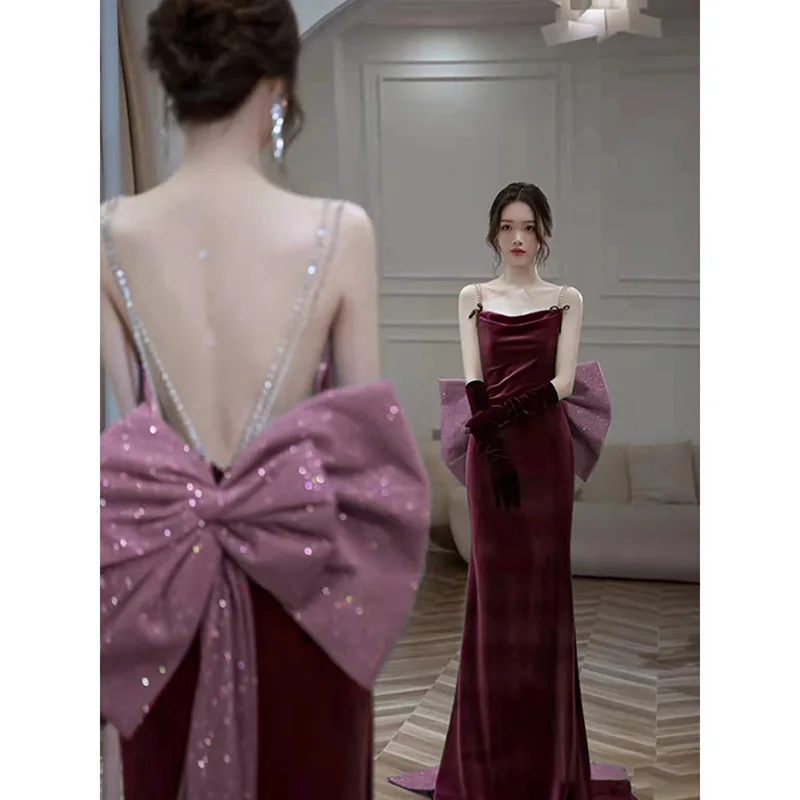 

Burgundy Formal Party Dress Women Qipao Cheongsam Elegant Mermaid Sequin Robe De Soiree Sexy Big Bowknot Backless Dress