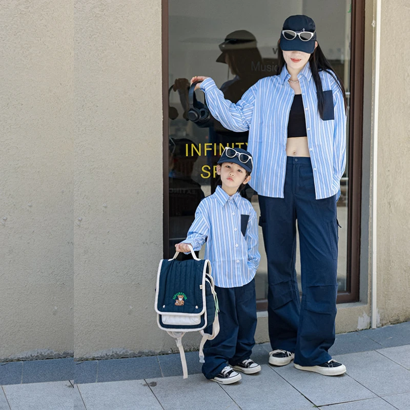 

Family Matching Clothes 2024 Spring Autumn Fashion Mom and Son Same Blue Shirts Korean Style Dad Daughter Same Long Sleeve Tops