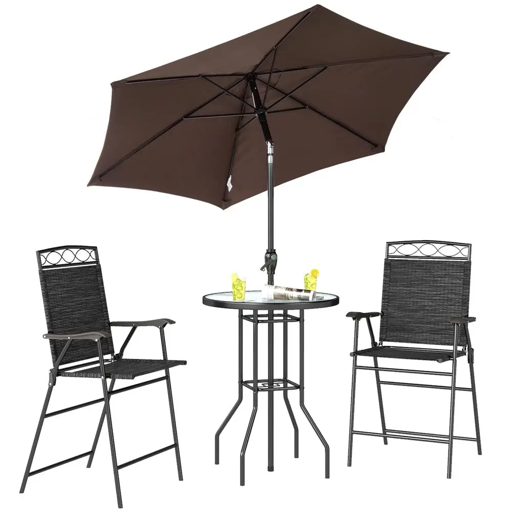 

4 Piece Outdoor Patio Dining Furniture Set, 2 Folding Chairs, Adjustable Angle Umbrella, Wave Textured Tempered Glass Dinner Ta