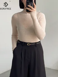 BirdTree, 100% Wool Slim Thin Sweater, Women Long Sleeve Mock Neck, Seamless Bottom High Elastic Top, 2025 Winter Fall T46985QM