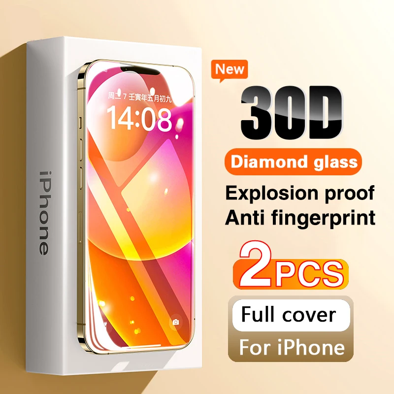 

2PCS New Upgrade 30D Tempered Glass on For iPhone 14 13 12 11 Pro Max MINI XR X XS MAX Screen Protector Protective Film