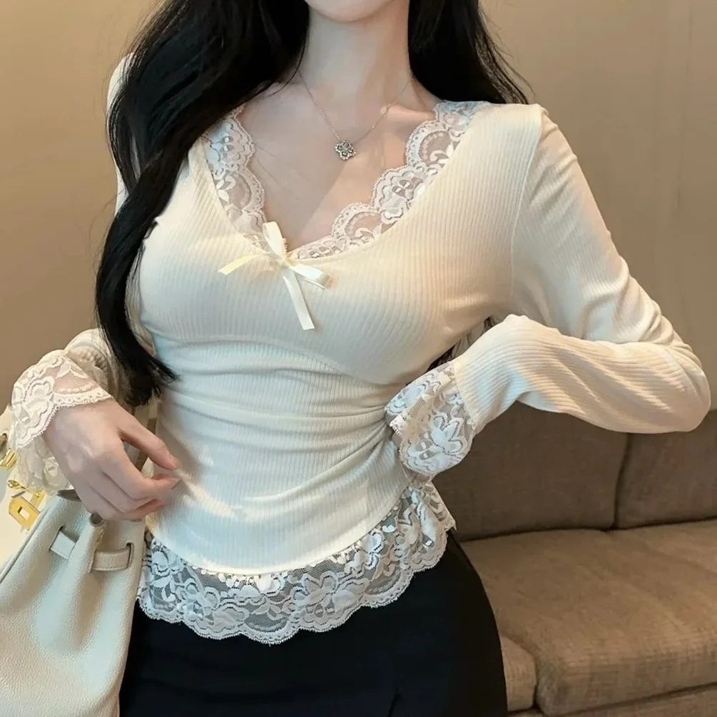 المرأة الخريف/الشتاء نمط جديد كم طويل تي شيرت الرغبة النقية Slims الدانتيل مزين الخامس الرقبة أعلى ألياف البوليستر قاعدة طبقة #1