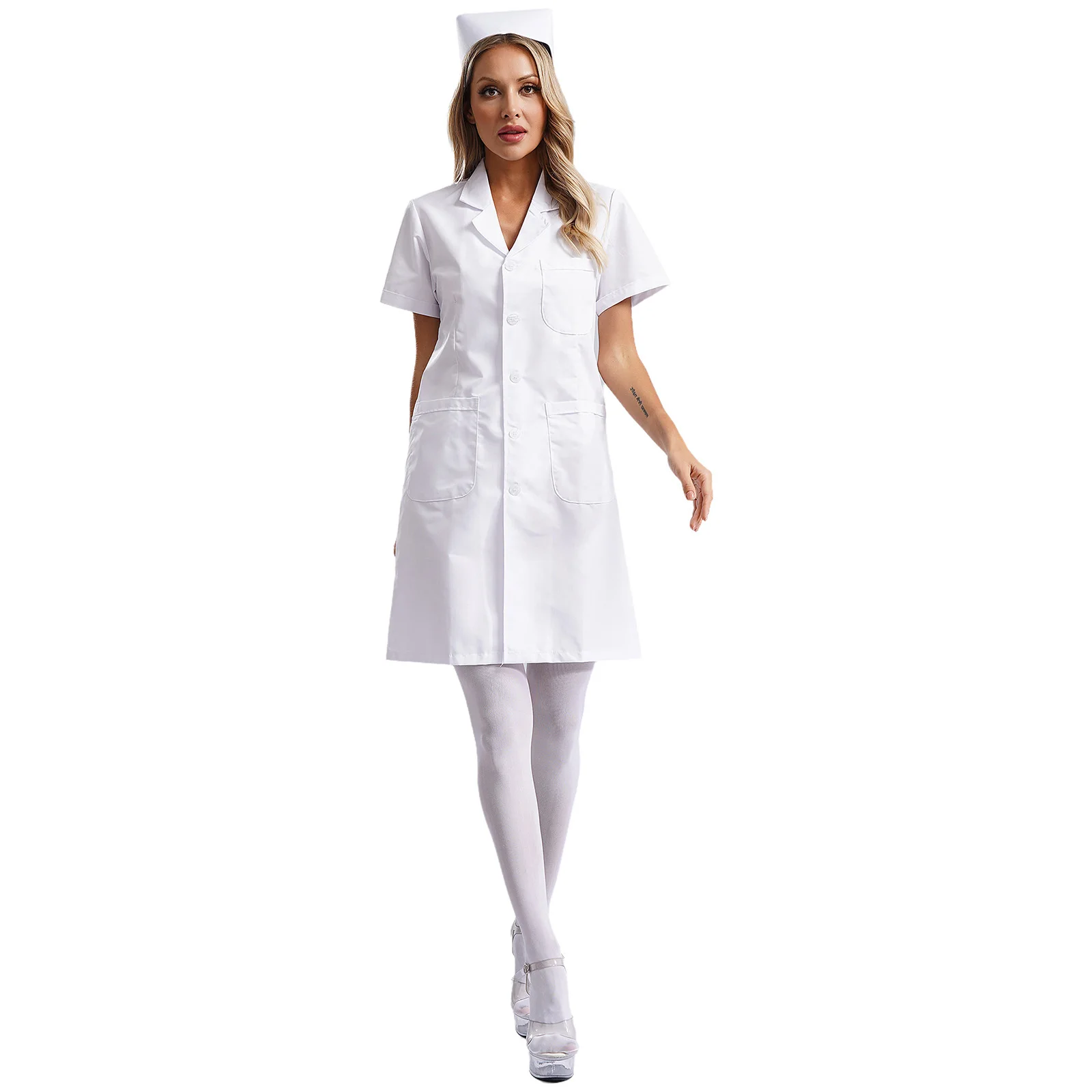 Womens White Nurse Cosplay Outfits Halloween Costume Short Sleeve Laboratory Coat Nurse Dress with Pantyhose Stockings And Hat