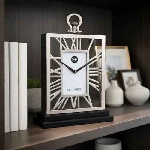 Elegant Rectangle Clock for Home Living Room Decor - Modern Metal and Glass Desk Clock with Roman Numerals for Office