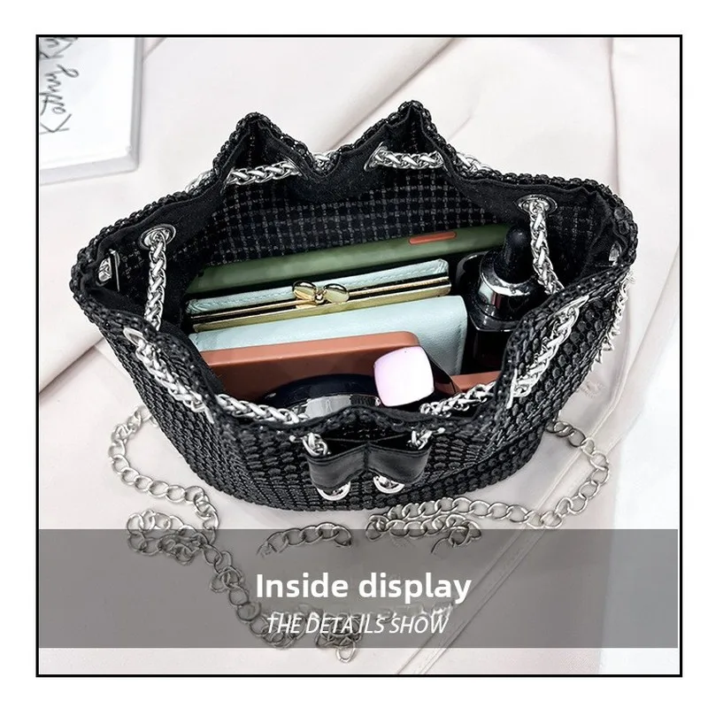 Women's Crossbody Bag with Embellished Cord Strass, Multifunctional Bucket Bag Formal Daily Use image 5