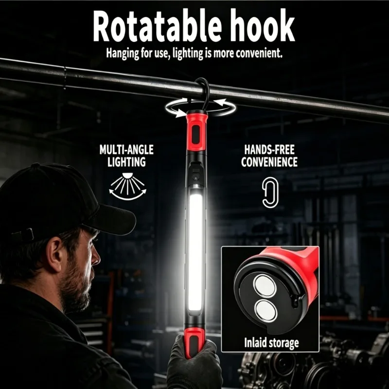 COB Work Light Magnetic Flashlight Rechargeable Underhood Work Lamp With Hooks Rotating Magnetic Base For Outdoor Car Repairing