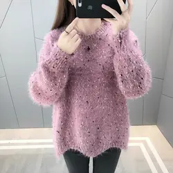 Women's New Knitted Sweater with Velvet Thickened Fat Girl Large Size Warm Bottom Loose Sweater Long Sleeved Loose Fit Top