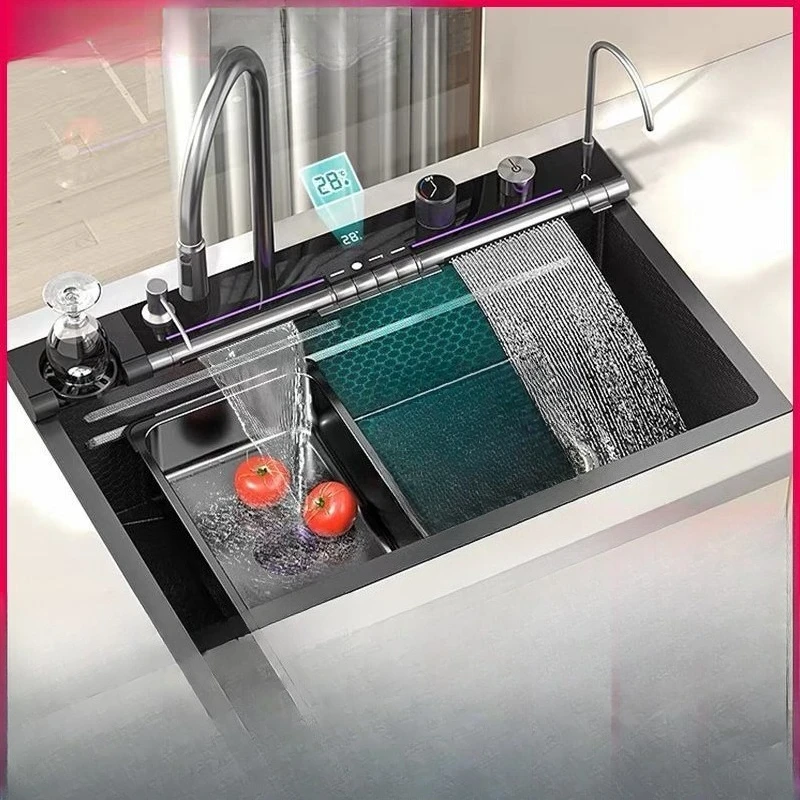 

304 stainless steel blue whale kitchen sink digital display household single slot flying rain waterfall digital display