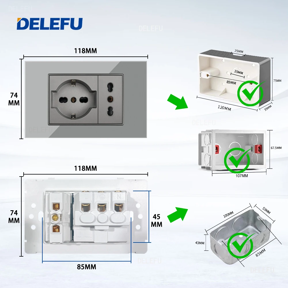 DELEFU Glass SC70 Panel 118mm Grey Italian Standard USB C-type Fast Charging Wall Socket Switch TV Telephone CAT5 CAT6