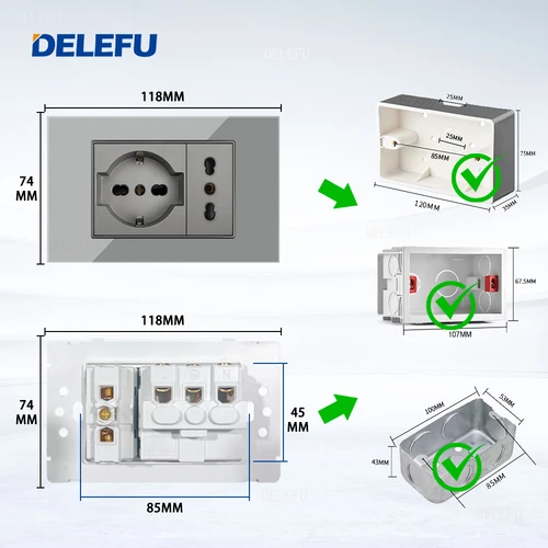 Imagen 2 del producto DELEFU Panel de vidrio SC70 118mm gris italiano estándar USB tipo C interruptor de enchufe de pared de carga rápida TV teléfono CAT5 CAT6