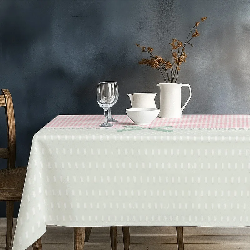 A soft, fashionable and beautiful tablecloth with a pink and white check pattern and a bow at the corner.
