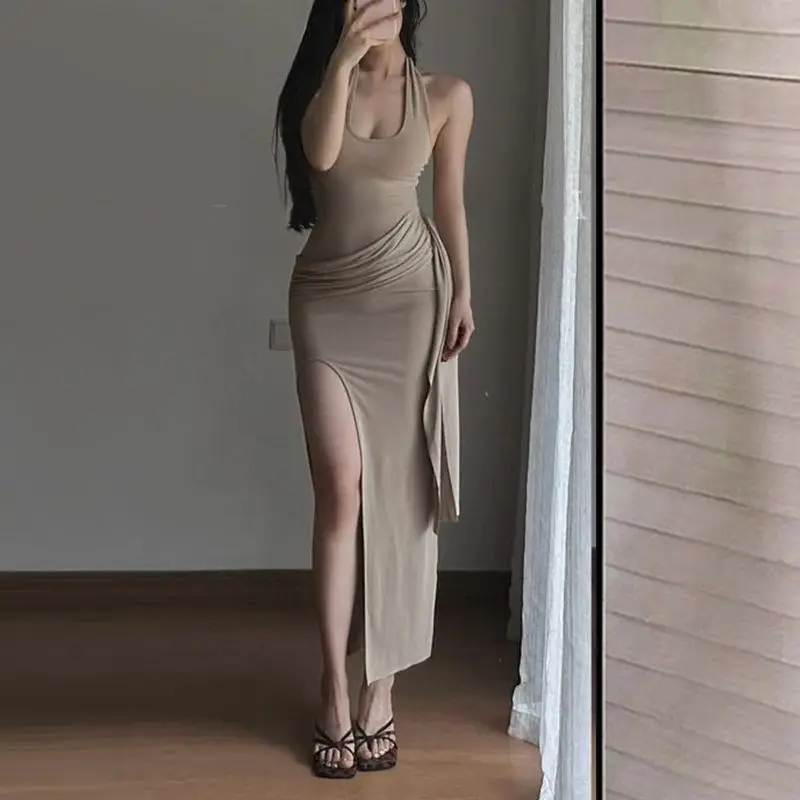 Abiti da donna Party Night senza maniche Milkmaid increspato raccolto smocking elasticità regolabile aderente artistico dimagrante pendolarismo