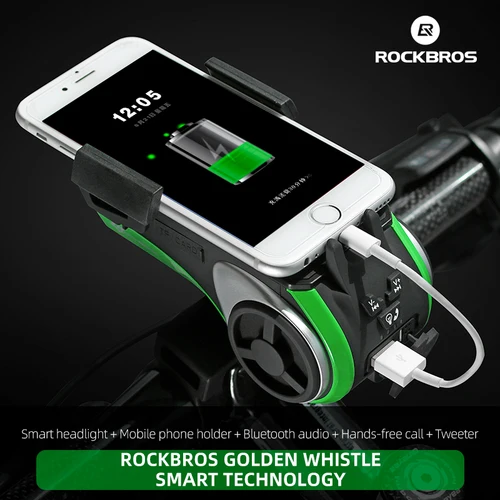 ROCKBROS-timbre multifuncional 5 en 1 para bicicleta, Altavoz inteligente con Bluetooth, Banco de energía de 4400mAh, soporte para teléfono, luz delantera de ciclismo