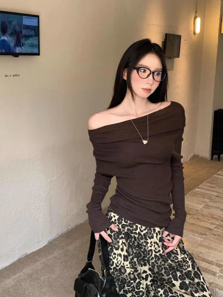 سترة نسائية كورية على الموضة باللون البيج والبني بدون أكتاف وأكمام طويلة سترة قصيرة للخريف والشتاء برتقالية مطوي محبوكة متعددة الاستخدامات #2