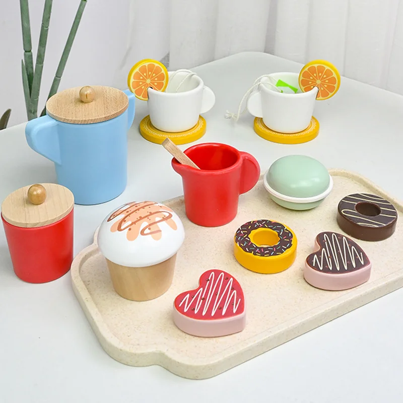 Wooden Afternoon Tea Set Toy Pretend Play Kids Kitchen Food Toys Imitation Game Early Educational Toys for Children\'s Day Gift