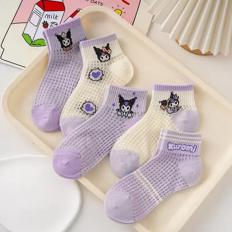 5Pcs Summer My Melody Childre Socks Kawaii Sanrioed Anime Kuromi Pink Cat Kulomi Purple Summer Kids Socks Trend Gift for Girls