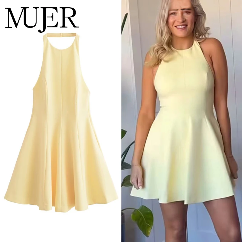 MUJER Drapiertes Neckholder-Kleid für Damen, sexy rückenfreies Minikleid für Damen, schulterfrei, Party-Damenkleider, ärmelloses Damen-Sommerkleid