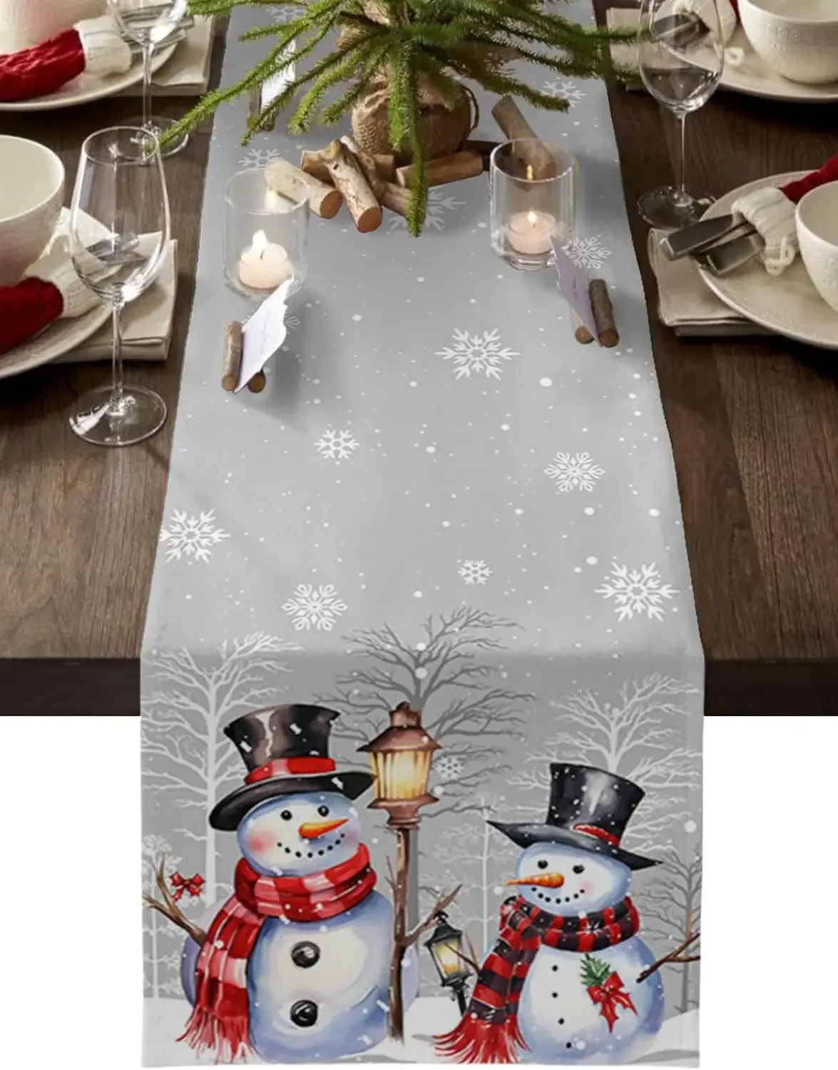 Christmas Snowman Tree Branch Snowflake Linen Table Runners Table Decor Winter Xmas Dining Table Runners Christmas Decorations