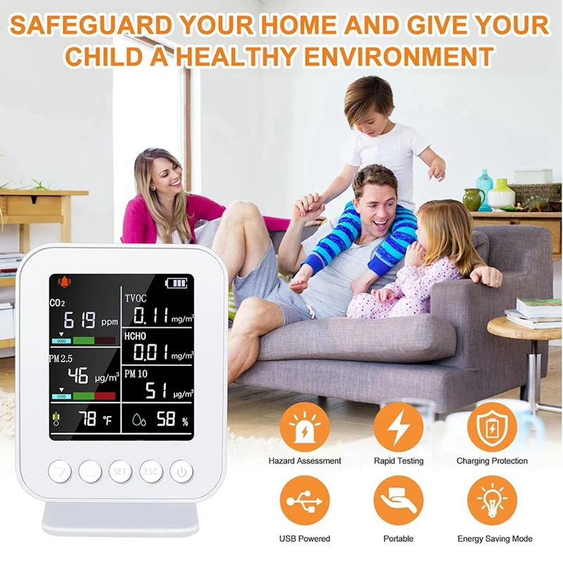 Smart 7 In 1 Air Quality Monitor With PM2.5, CO2 Detector With Alarm, Temperature & Humidity Sensors, LED Display