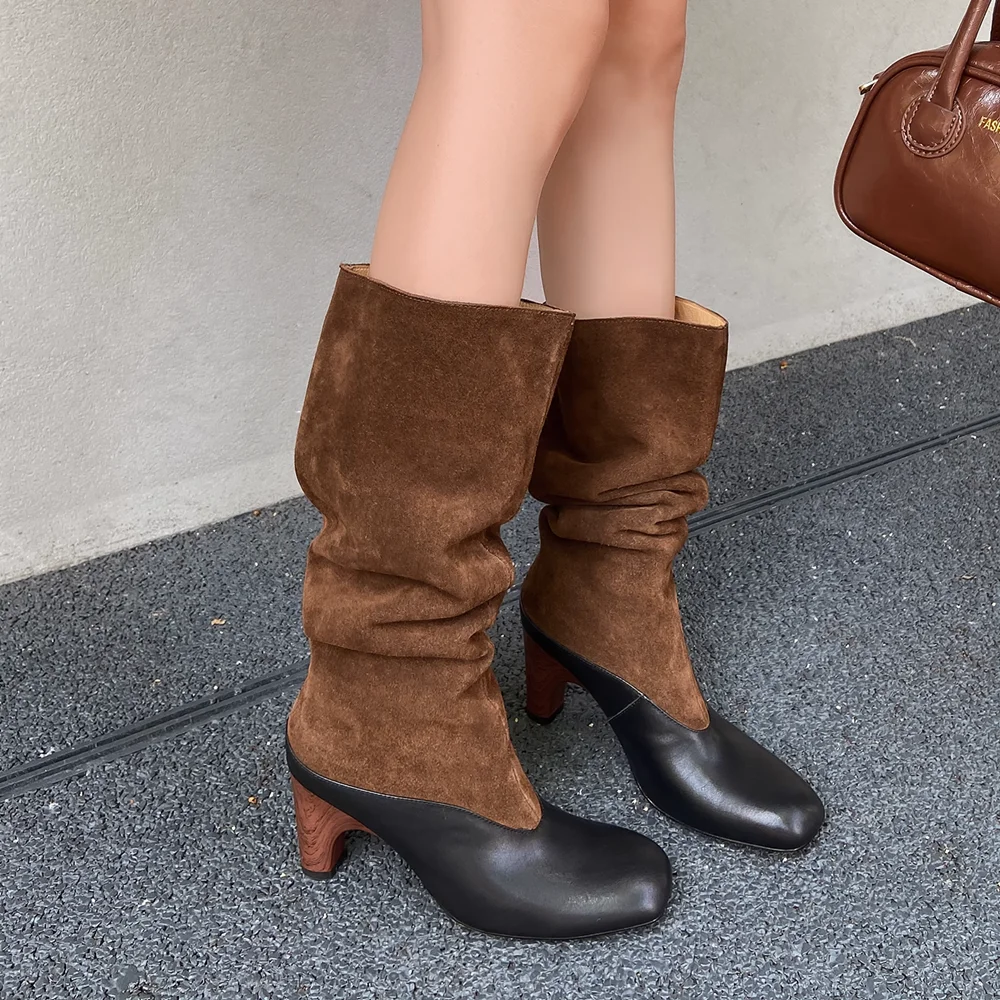 

Retro Suede Square-Toe Mid-Calf Boots Black Leather Toe Cap Wooden Textured Block Heel Contrast Design Cool Autumn Casual Looks